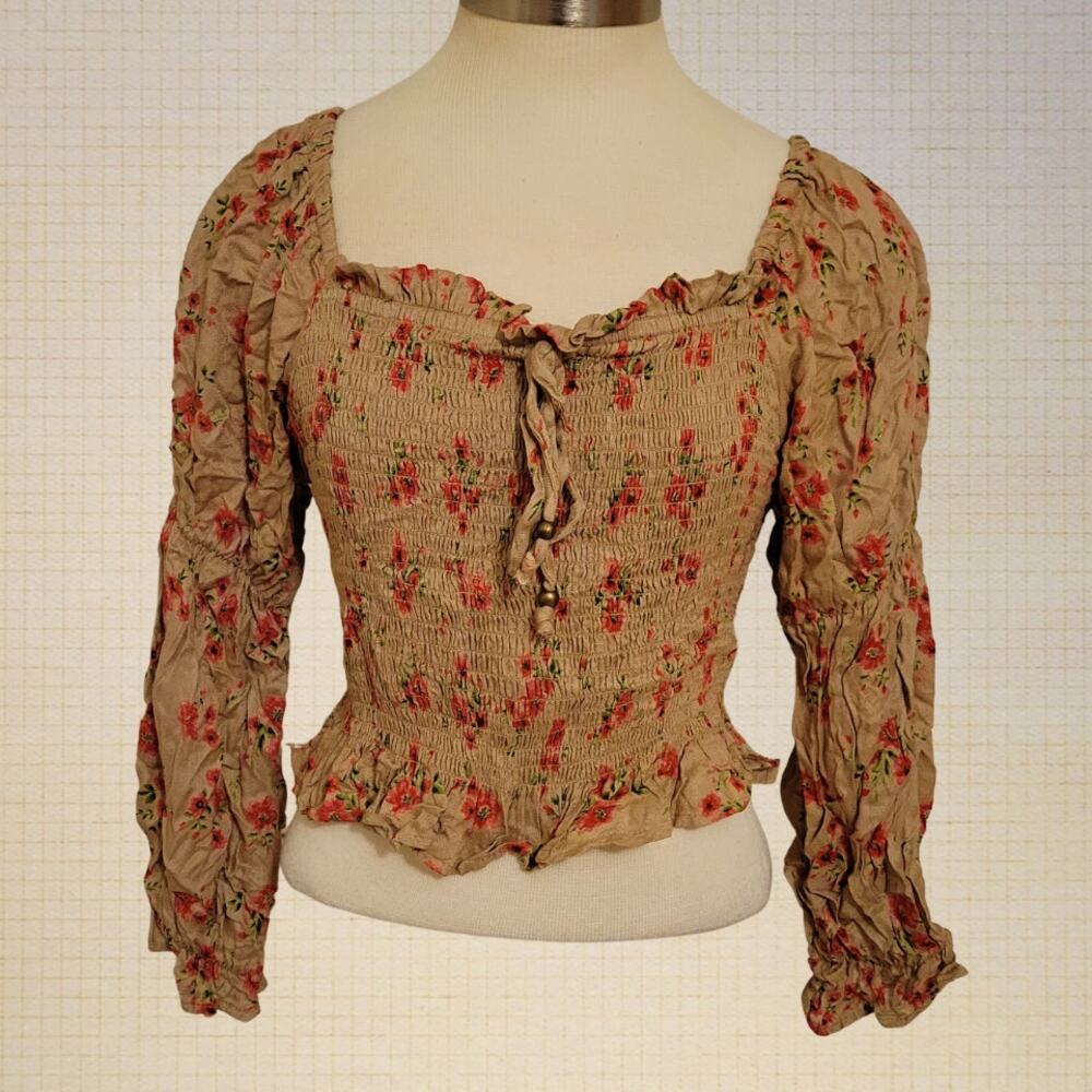 Angie Boho Floral Smocked Peasant Crop Top Y2K Hippie Medium